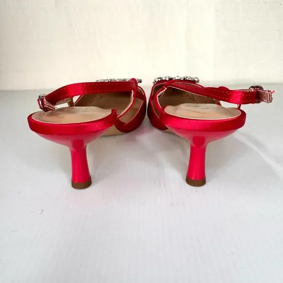 Satin Kitten Heels Women's 8 Red Rhinestone Glam Coquette Prom Wedding Formal - Picture 8 of 10